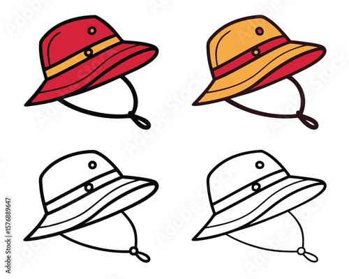 Collection of stylized and colored sun hats featuring summer fashion and outdoor protection elements.