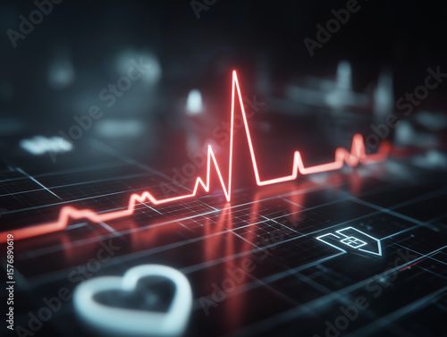 A vibrant red electrocardiogram displaying a healthy heartbeat, accompanied by a faint heart icon, on a futuristic, glowing grid background