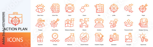 action plan icon collection set. Containing Vision, Dream, Plan, profile, Action, Target, Purpose, Goal Setting icon