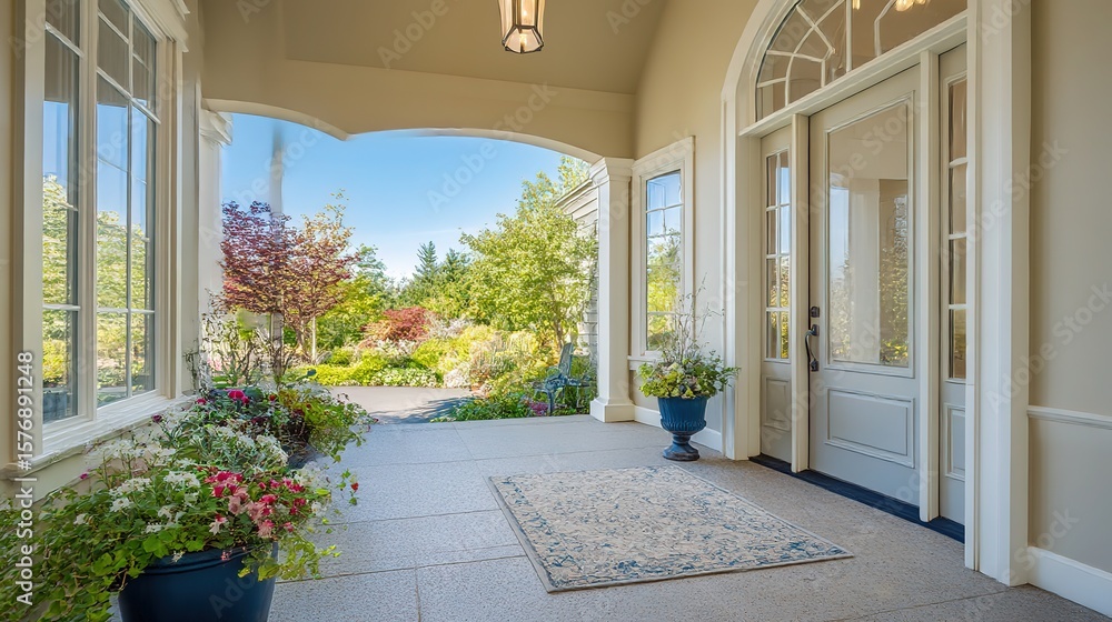 Fototapeta premium Grand entrance of a luxury house with a serene outdoor landscape, embodying elegance and tranquility.