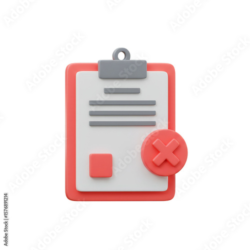 3d Render Clipboard with Red Cross Mark Failure on Transparent BG