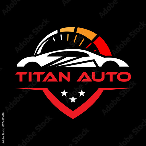 Stylish automotive logo template featuring a sleek car silhouette and vibrant speedometer element for branding, marketing and company designs.