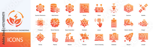 sciene technology engineering icon collection set. Containing Quantum Mechanics, Data Science, Atom, Circuit, Robot, Laser, Quantum, Satellite, Processor icon