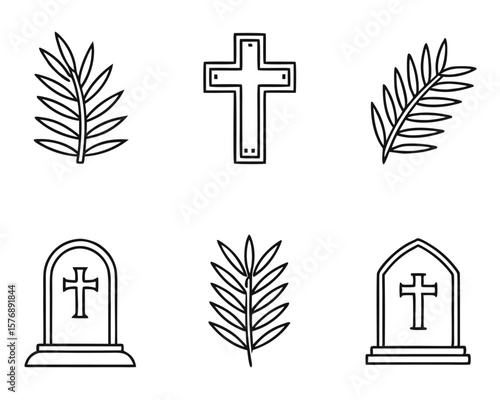 Simple black and white religious symbol set featuring crosses tombstones and palm branches.