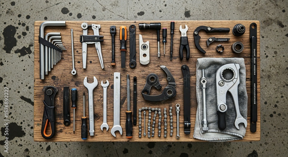 Overhead shot displays an array of metal tools arranged on a weathered wooden surface, tools tidy. Overhead shot displays an array of metal tools arranged on a weathered wooden surface, tools tidy.