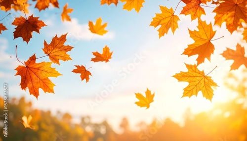 Golden maple leaves falling against blue sky, autumn season background