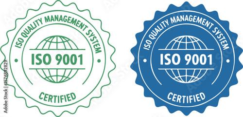ISO 9001 quality management system certified seal in green and blue on white background