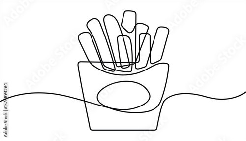 French fries in continuous line art drawing style. minimalist continuous one line drawing illustration of French fries. Fried potato sticks in modern single line drawing style, in continuous line art.