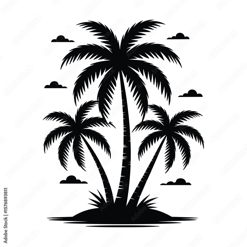 Fototapeta premium Tropical Island with Palm Trees and Ocean Waves Silhouette