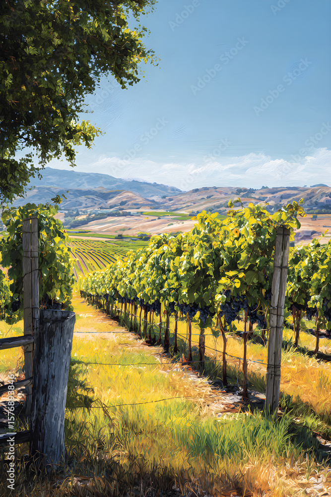 Fototapeta premium Sunlit Vineyard: A Lush Tapestry of Vines and Grapes Under a Blue Sky