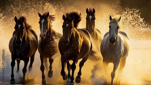 A group of horses running through shallow water with a golden light shining on them all together animal video
