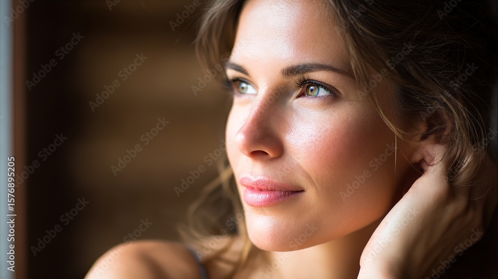 Obraz premium Portrait of a radiant woman with glowing skin, embodying timeless beauty and natural elegance. 