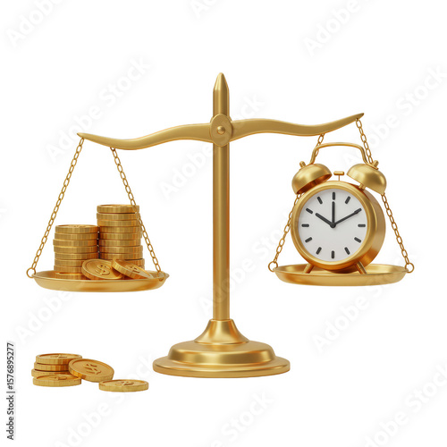 3d Time is Money Balance Golden Clock Stacked Coins Investment