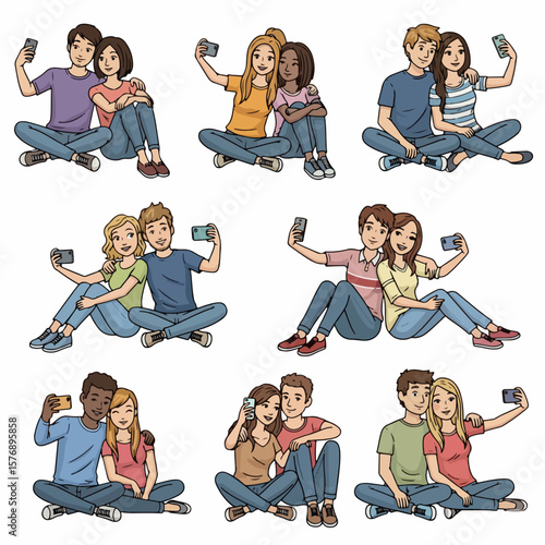 Couples taking selfies together, casual style