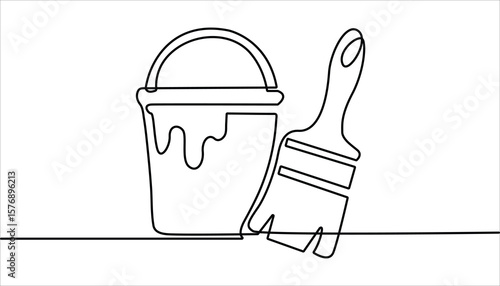 Continuous one line drawing of paint brush, Construction and repair. Paint brush outline drawing illustration. one continuous line drawing of painter brush.