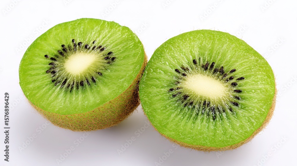 Fototapeta premium Fresh Kiwi Halves with Vibrant Green Texture and Seeds, Isolated on White Background 