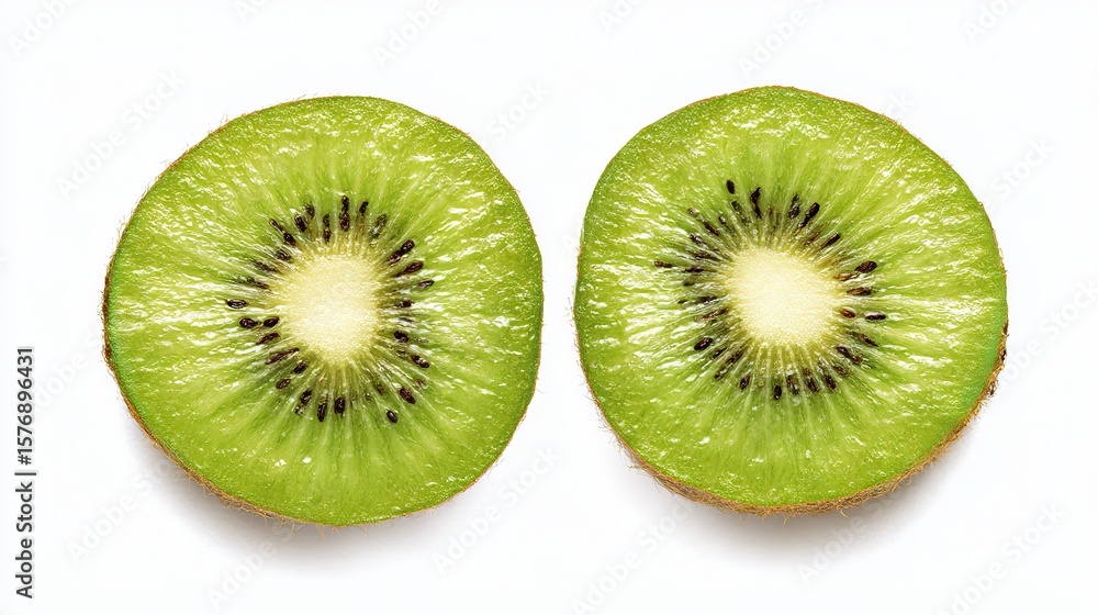Fototapeta premium Fresh Kiwi Halves with Vibrant Green Texture and Seeds, Isolated on White Background 