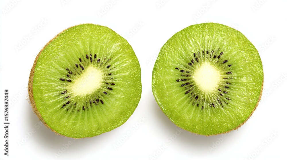 Fototapeta premium Fresh Kiwi Halves with Vibrant Green Texture and Seeds, Isolated on White Background 