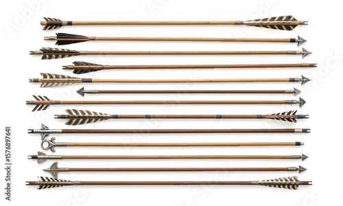 Antique old wooden arrow set isolated on a white background. The army of Genghis Khan
