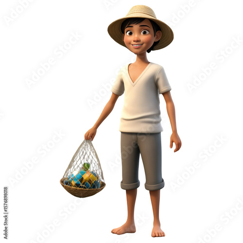 3D Character of a Young Indonesian Fisherman Boy Holding a Fishing Net, AI Generated
