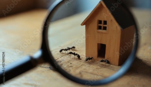 Small wooden house with black roof and window surrounded by ants, on a wooden surface. Ants walking towards house.