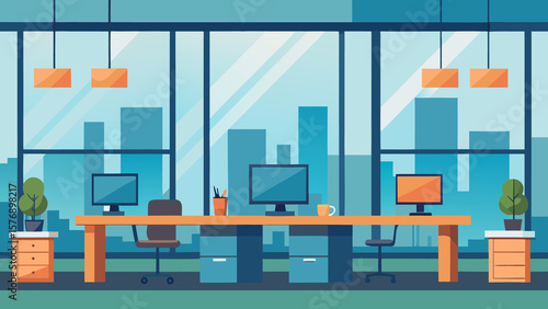 AI generated JPG illustration of stylish office interior with dual desks, computers, filing cabinets, pendant lights, and panoramic cityscape view for business productivity, workspace, and design