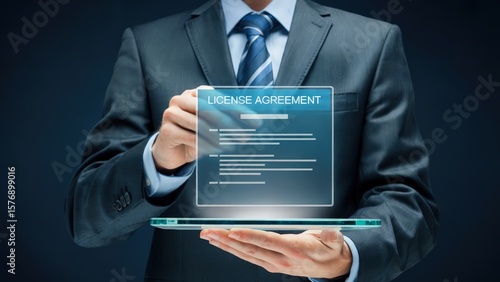 Businessman holds a license agreement document on a tablet screen showing a contract.