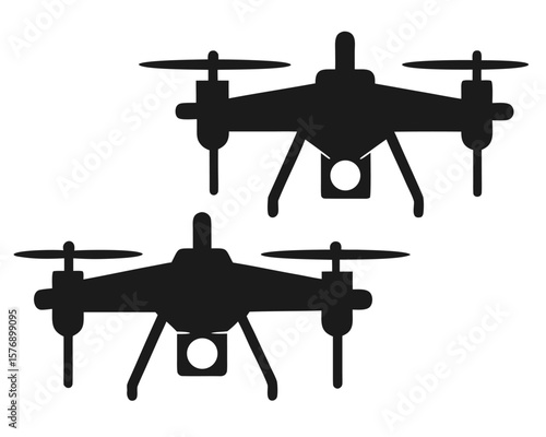 Silhouetted vector illustration of two modern drones for aerial photography and videography concepts.