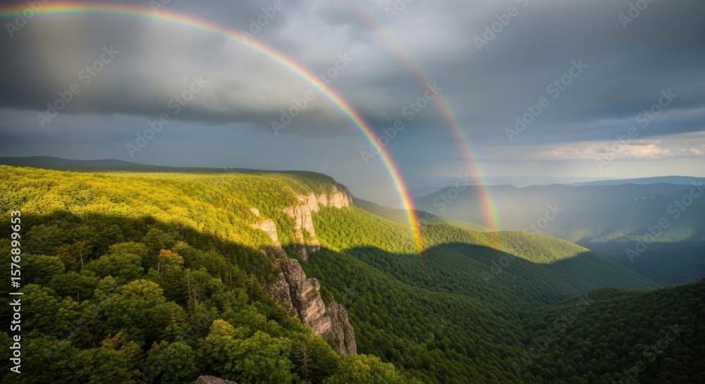 Fototapeta premium Spectacular Double Rainbow Over Lush Mountainous Landscape After A Storm