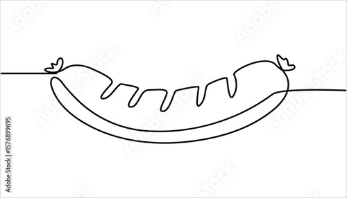 Continuous line, sausage, Sai Us food vector illustration. Continuous one line drawing of American breakfast. Grilled sausage continuous one line art drawing. 