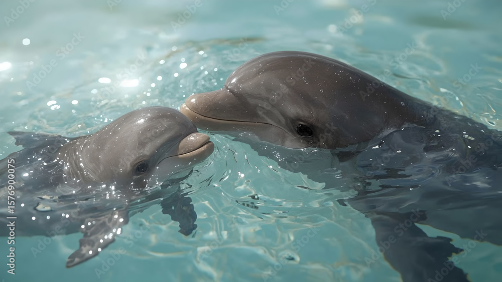 Obraz premium Two Dolphins Interacting in Turquoise Water
