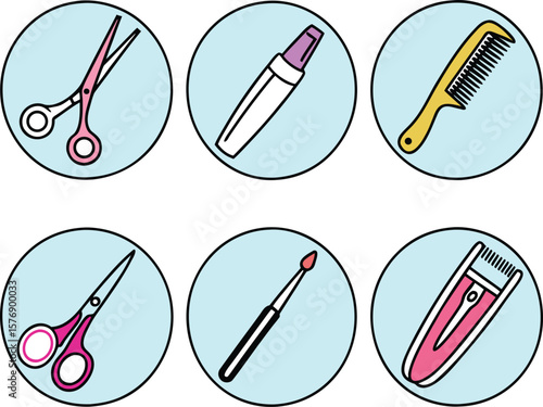 Simple black and white line art illustrations of hairstyling and grooming tools in circles.