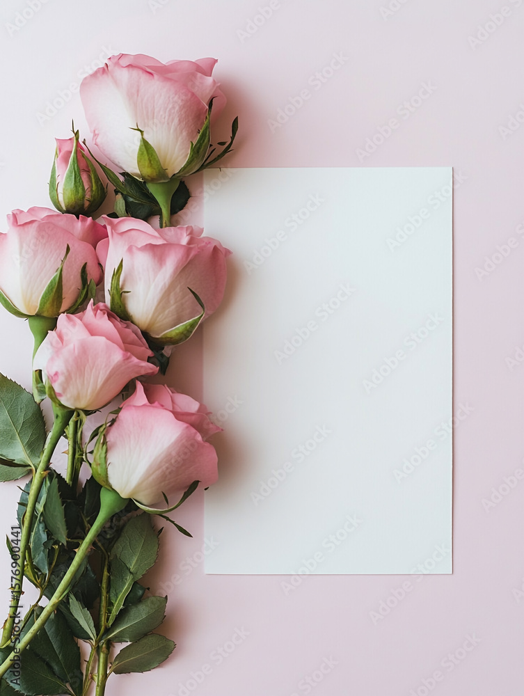 Fototapeta premium A blank white card is centered on a light pink background, surrounded by several pink roses with green leaves.