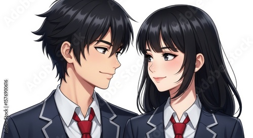 Young Japanese Couple in School Uniforms Looking Affectionately at Each Other