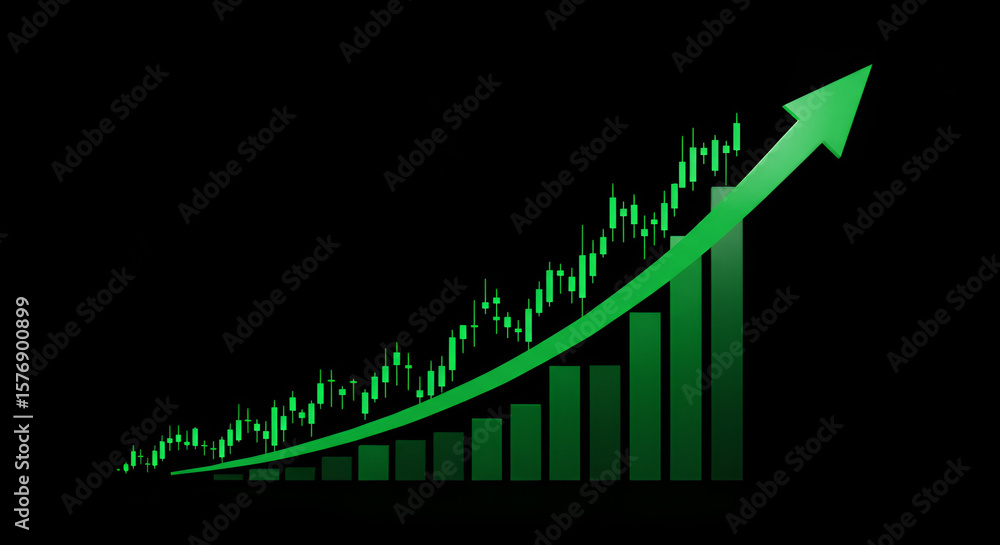 Naklejka premium Financial market growth chart with green bars and arrow indicating upward trend