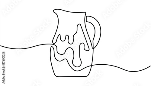 Continuous one line drawing of water pitcher glass. Abstract jug and glass continuous single one line art hand drawing. Jug glass icon line continuous drawing vector. The pitcher pours milk, juice.