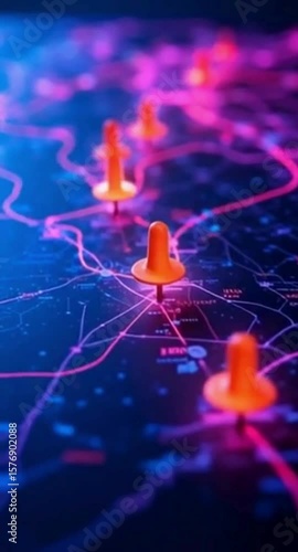 Navigation Map with Orange Pins and Neon Lines