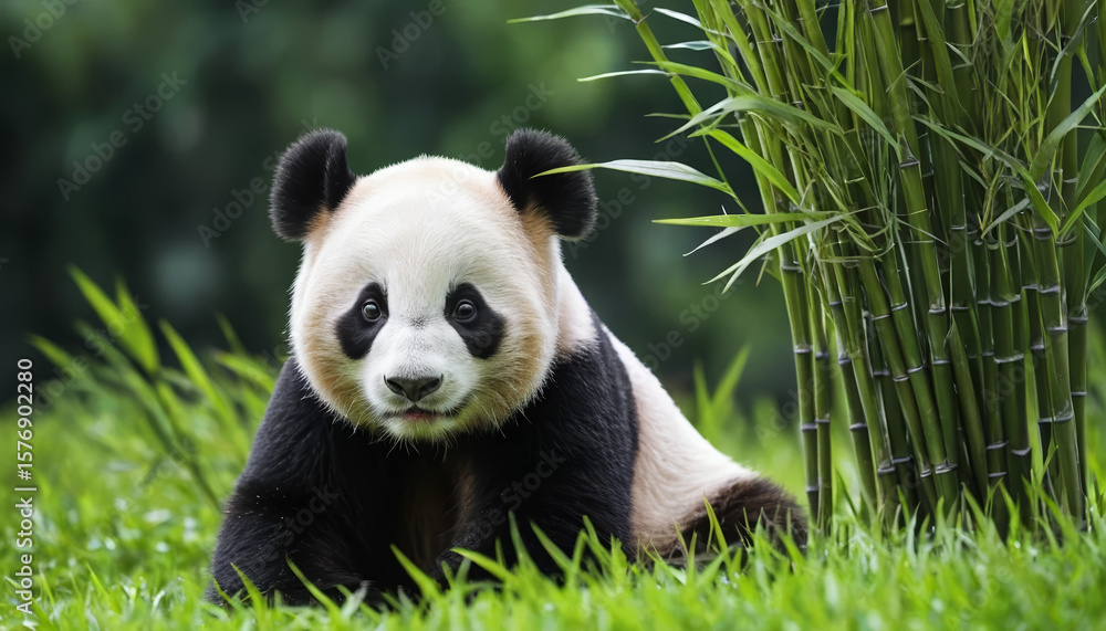 Panda sitting in lush green grass, surrounded by bamboo. AI generated. Panda sitting in lush green grass, surrounded by bamboo. AI generated.