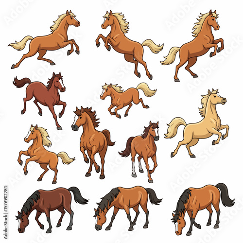 Brown horses in various poses, dynamic action, equine collection