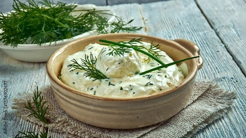 Creamy herb dip served in a rustic bowl, garnished with fresh chives and dill on a wooden table