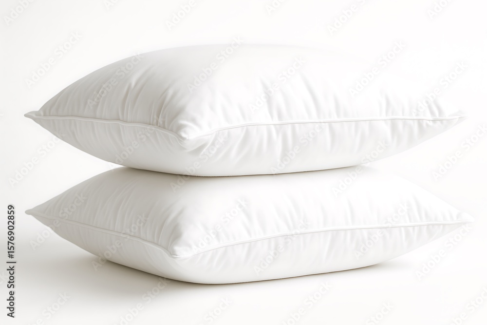 Two soft, fluffy white pillows are stacked neatly against a bright, minimalist white backdrop. Two soft, fluffy white pillows are stacked neatly against a bright, minimalist white backdrop.