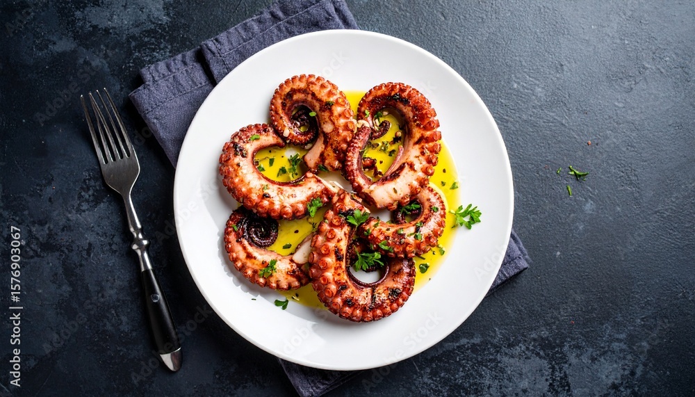 custom made wallpaper toronto digitalGrilled octopus tentacles with garlic and olive oil, Mediterranean-style on white plate over dark stone table, angled view.