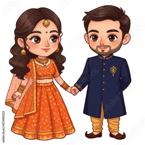 Cartoon Indian Wedding Couple Illustration Cute Bride and Groom Together