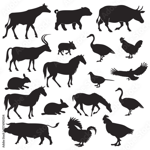 Black vector silhouettes of various farm animals, including horses, cows, goats, dogs, and cats, are set against a natural backdrop