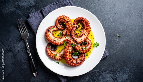 Wallpaper Mural Grilled octopus tentacles with garlic and olive oil, Mediterranean-style on white plate over dark stone table, angled view. Torontodigital.ca