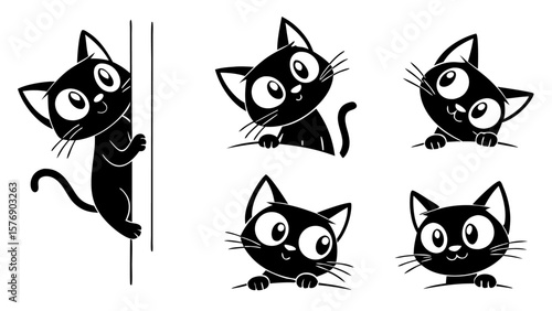 Set of cute black and white cartoon cat vector illustrations with funny pet kittens, icons, and silhouettes for your design