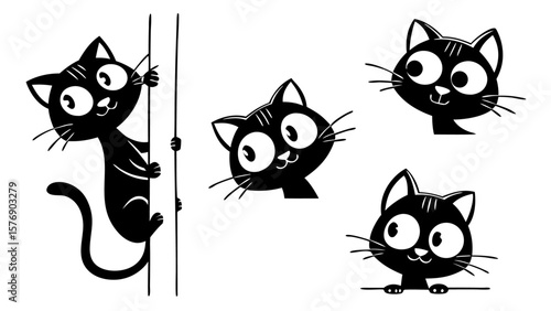 Cute black and white cats vector illustration, a fun set of domestic feline animal silhouettes for pet lovers