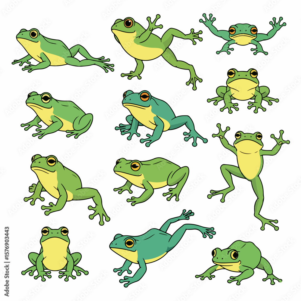 Obraz premium Green frogs in various poses, isolated on white