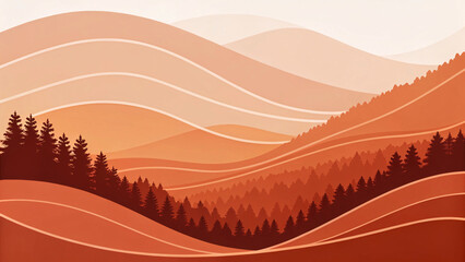 Papier peint photo Corail Warm autumn mountain landscape with flowing orange and peach layered hills, evergreen trees silhouetted against rolling topographical contours and valleys.  © AP Backgrounds