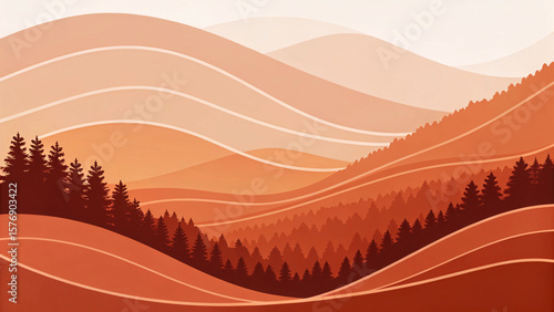 Warm autumn mountain landscape with flowing orange and peach layered hills, evergreen trees silhouetted against rolling topographical contours and valleys.